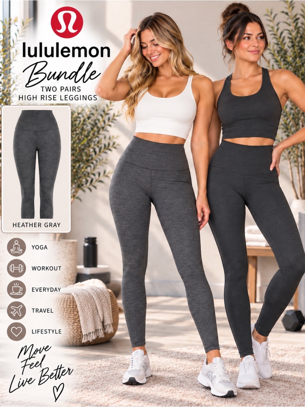 Lululemon High Rise Leggings 2 Pair Bundle Dark Gray Heather Gray Athleisure